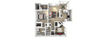 A 3D floor plan of a house showing a kitchen, living room, dining room, and bedrooms.