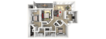 A 3D floor plan of a house showing all rooms and their layouts.