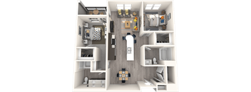 A 3D floor plan of a small apartment with a kitchen, living room, and bedroom.