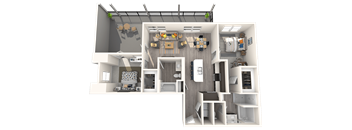 A 3D rendered image of a modern house interior.