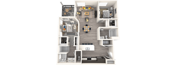 A 3D floor plan of a small apartment with a kitchen, living room, and bedroom.