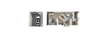 a rendering of a bedroom and a floor plan of a house