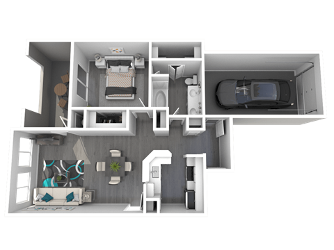 a 3d floor plan of a house with a garage and a car