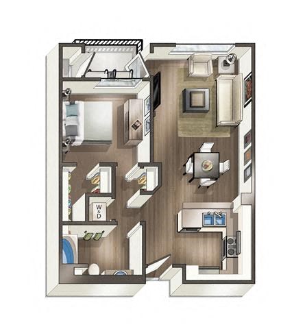 one bedroom one bathroom floorplan at Vive on the Park in San Diego