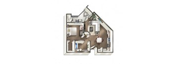 3D floorplan of one bedroom one bathroom apartment at Vive on the Park in San Diego