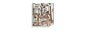 3D floorplan of one bedroom one bathroom at Vive on the Park in San Diego