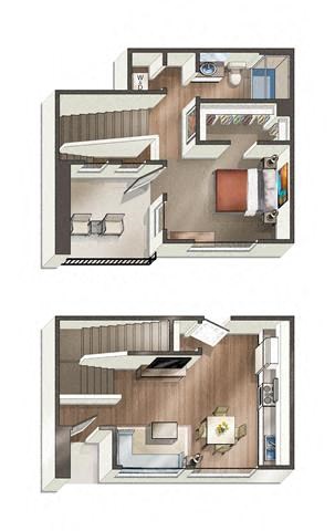 3D floorplan of one bedroom one bathroom at Vive on the Park in San Diego
