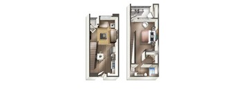 3D floorplan of one bedroom one bathroom at Vive on the Park in San Diego