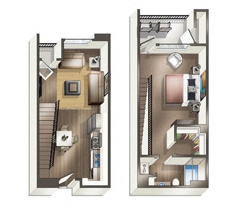 3D floorplan of one bedroom one bathroom at Vive on the Park in San Diego