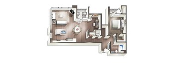 3D floorplan of one bedroom one bathroom at Vive on the Park in San Diego