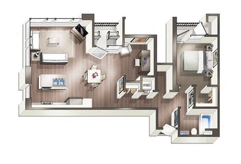 3D floorplan of one bedroom one bathroom at Vive on the Park in San Diego
