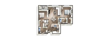 3D floorplan of 2 bedrooms two bathrooms at Vive on the Park in San Diego