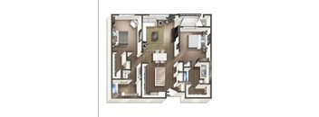 3D floorplan of 2 bedrooms two bathrooms at Vive on the Park in San Diego