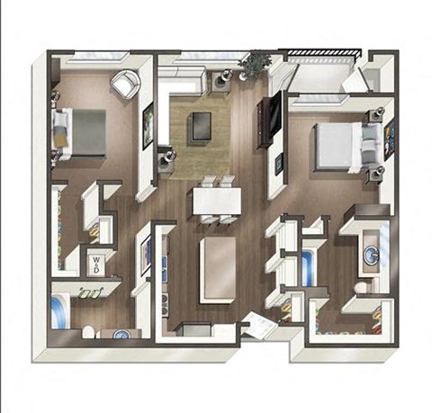 3D floorplan of 2 bedrooms two bathrooms at Vive on the Park in San Diego