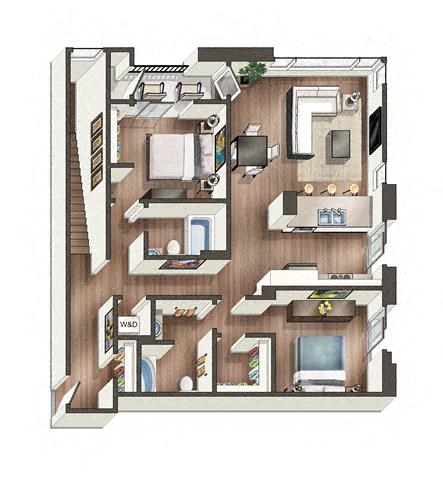 a 3d drawing of a floor plan of a house