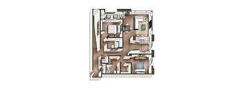 3D floorplan of 2 bedrooms two bathrooms at Vive on the Park in San Diego