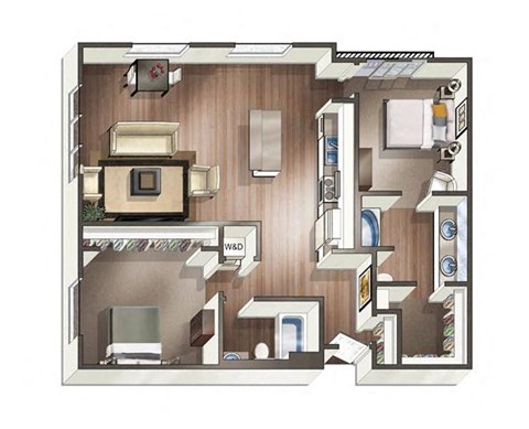 3D floorplan of 2 bedrooms two bathrooms at Vive on the Park in San Diego