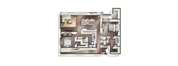 3D floorplan of 2 bedrooms two bathrooms at Vive on the Park in San Diego