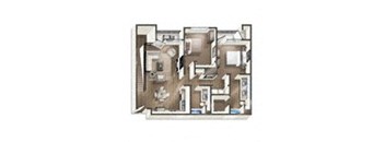 3D floorplan of 2 bedrooms two bathrooms at Vive on the Park in San Diego