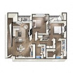 3D floorplan of 2 bedrooms two bathrooms at Vive on the Park in San Diego