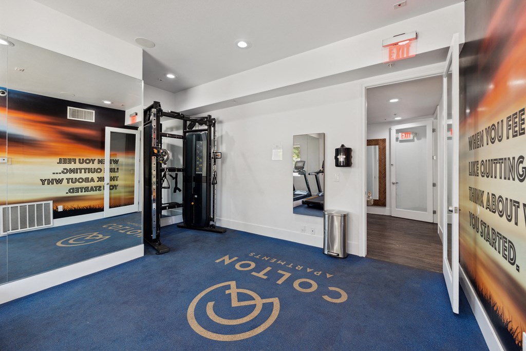 a gym with a blue carpet with the logo of the volitions