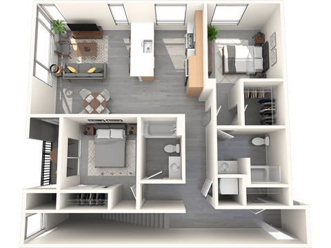 A 3D floor plan of a house with a kitchen, living room, and bedrooms.