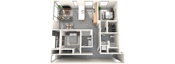 a 3d rendering of a floor plan with a bedroom and a living room
