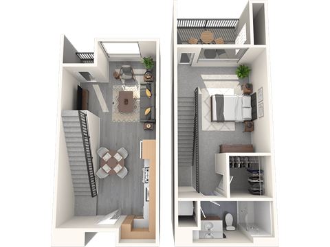 A 3D floor plan of a house showing a living room, kitchen, and bedrooms.