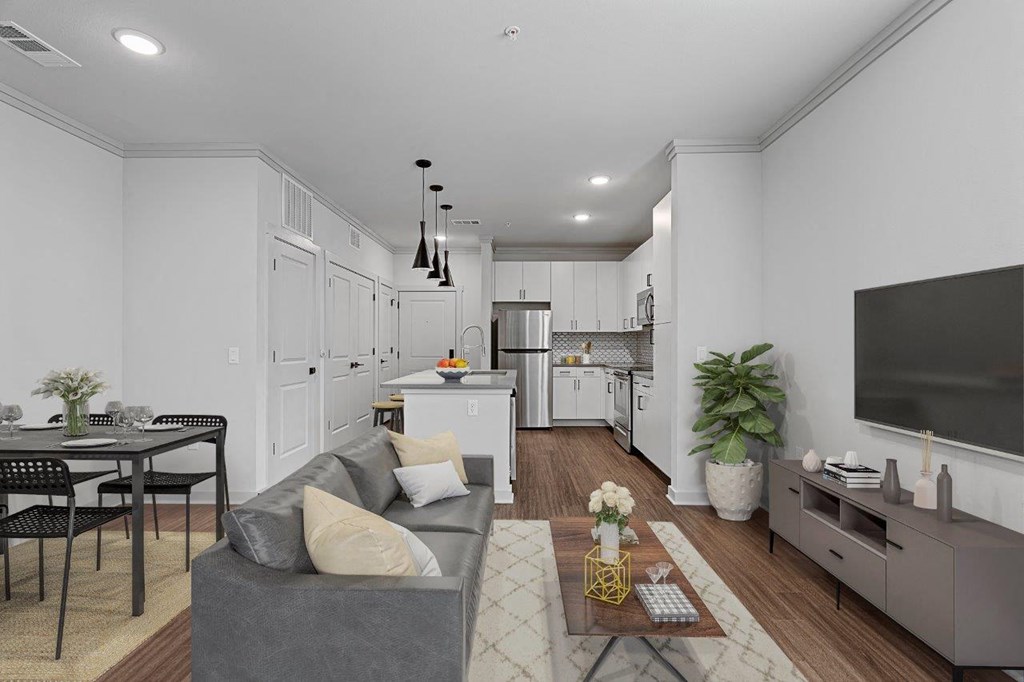 Talus Flats Apartments Model Kitchen, Living Room, and Dining Room