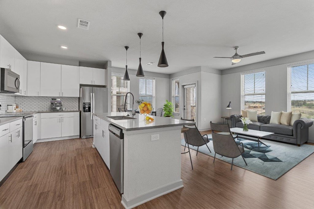 The Zeb Apartments Backcountry Floor Plan Virtually Staged Model Kitchen and Living room