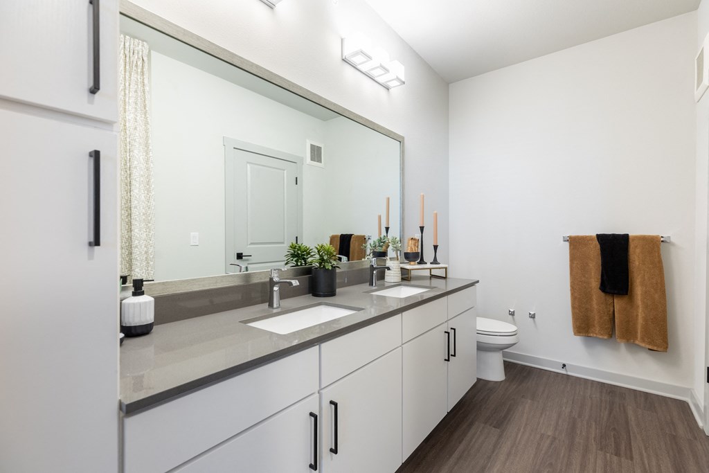 a bathroom with two sinks and a large mirror