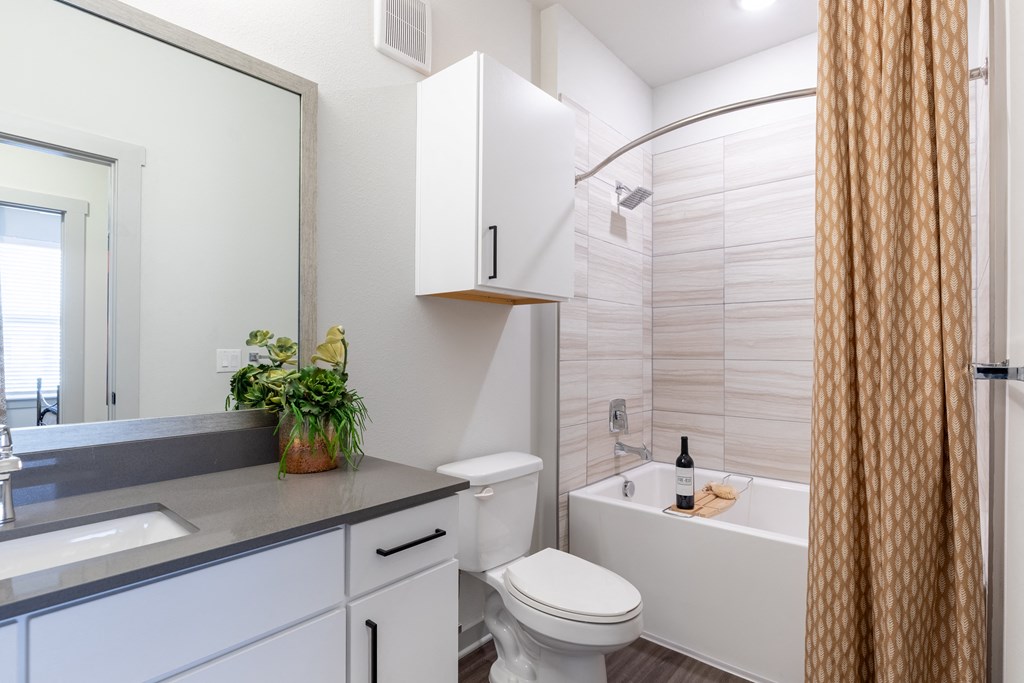 a bathroom with a shower and a toilet and a sink