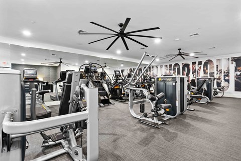 a large fitness room with cardio machines and other exercise equipment