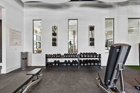 a gym with exercise equipment and mirrors on the wall
