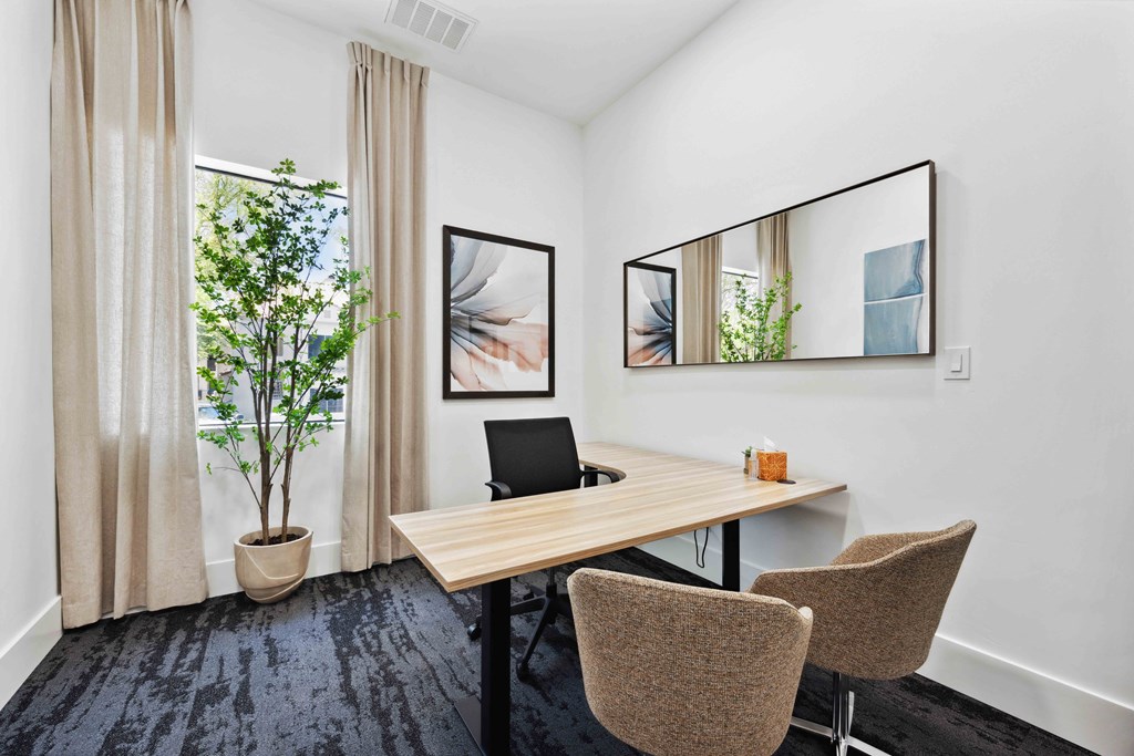 a workspace with a desk chairs and a potted plant