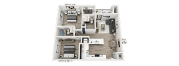 a spacious two bedroom apartment with two bathrooms and a spacious living room with a fireplace and a