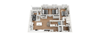 a 3d floor plan of a 3 bedroom apartment
