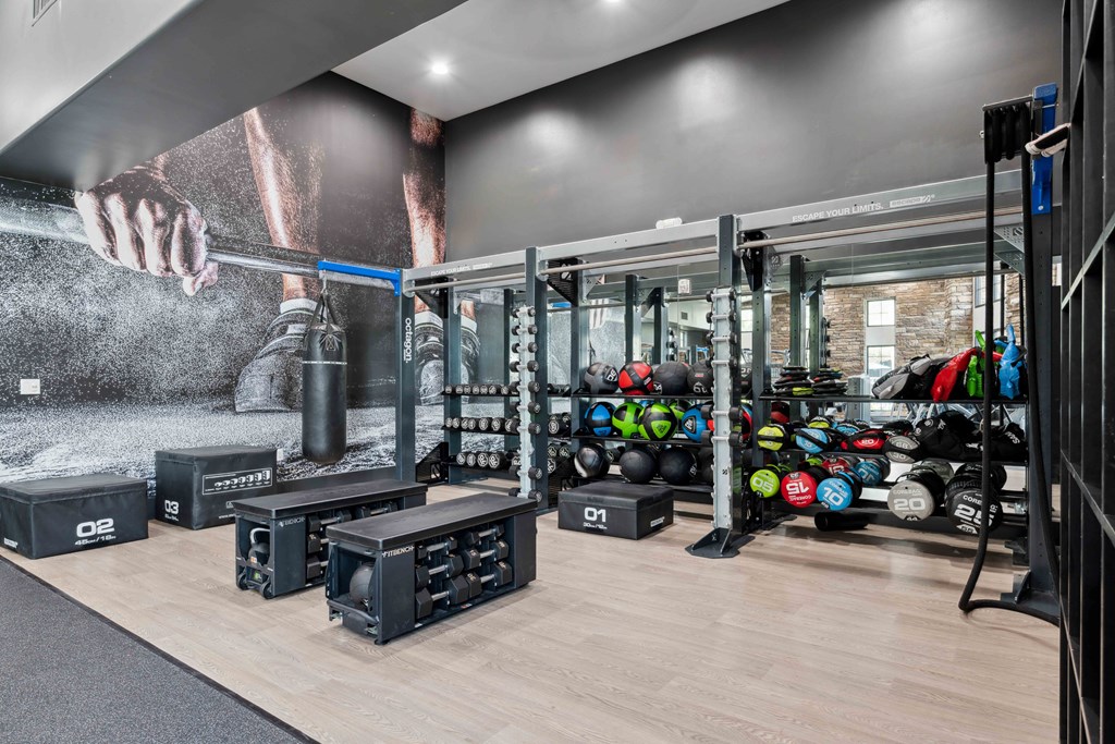 the home gym has a wall mural of a hand squeezing a punching bag