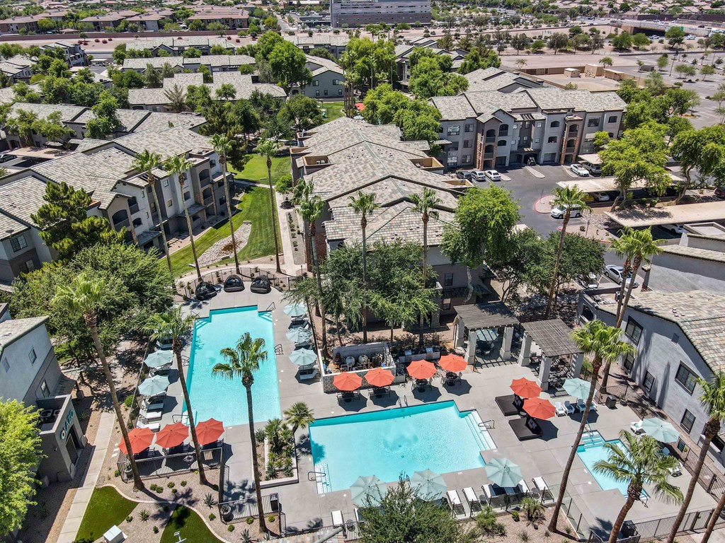 an aerial view of the resort style pool and community