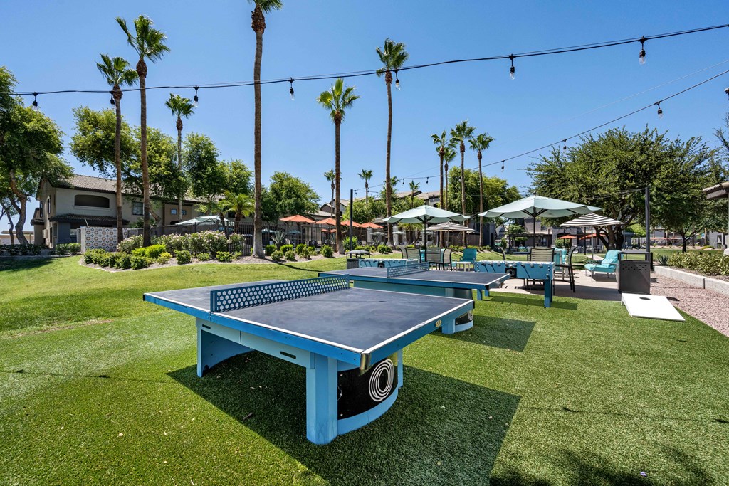 two blue ping pong tables in a grassy area with palm trees in the background
