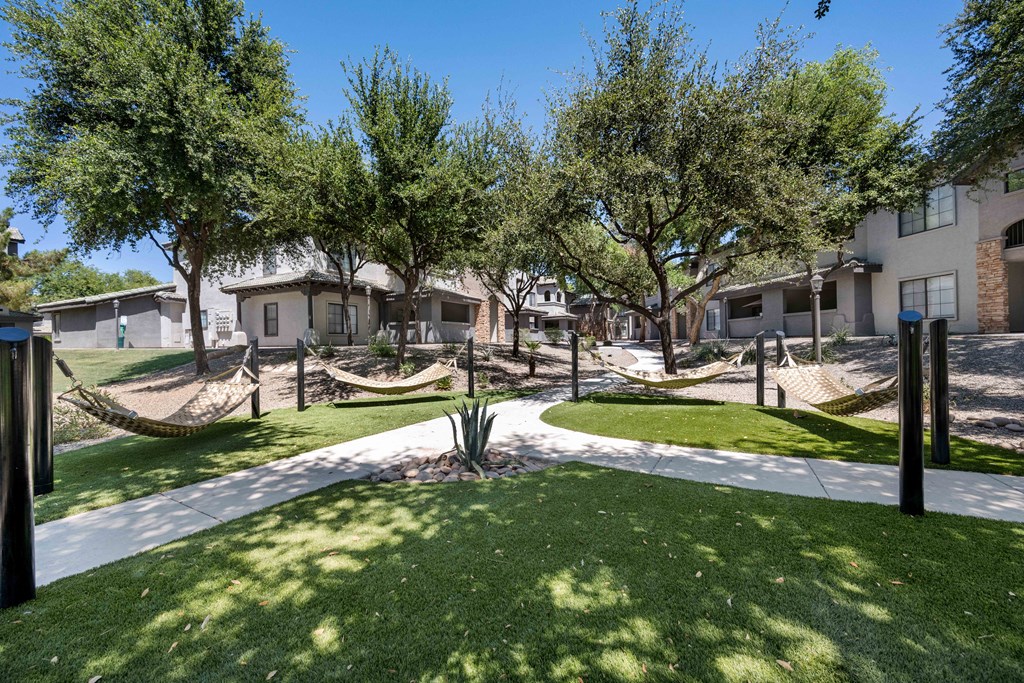 a grassy area with hammocks and buildings in the background