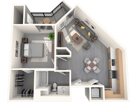 A 3D rendered image of a house layout with a kitchen, living room, and bathroom.