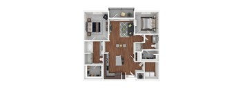 A top-down view of a house layout with a kitchen, living room, and bedrooms.