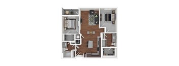 A floor plan of a house with a kitchen, living room, dining room, and bathrooms.
