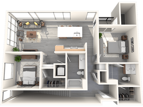 a 3d rendering of a bedroom and bathroom floor plan