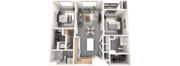 A 3D floor plan of a house showing a kitchen, living room, dining room, and bedrooms.