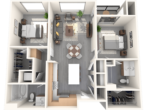 A 3D floor plan of a house showing a kitchen, living room, dining room, and bedrooms.