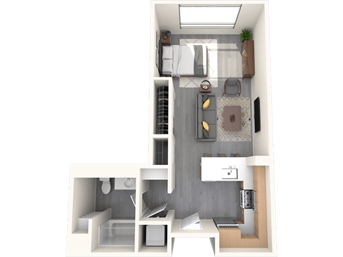 A top-down view of a small apartment with a kitchen, living room, and bathroom.