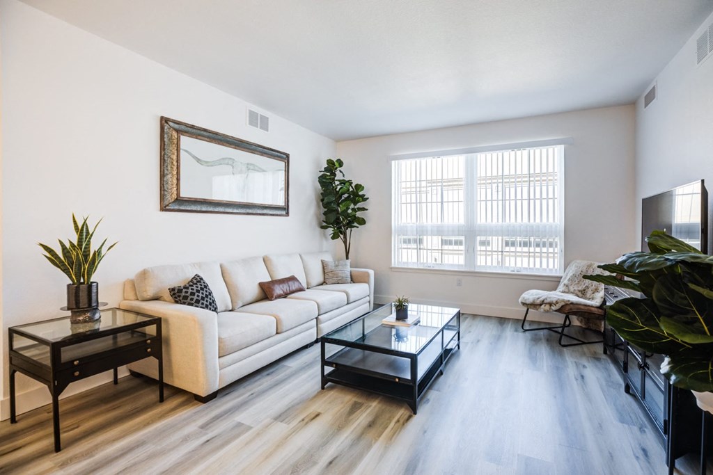 living room with couch, tv and coffee table at portola at southglenn