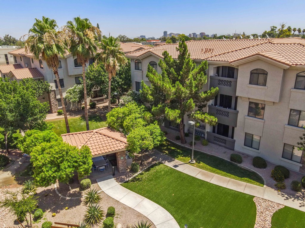 an aerial view of san portella apartments in tempe arizona
